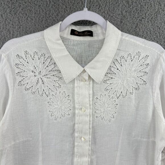 Loro Piana White Embroidered Linen Button-Up Shirt Size Large Made in Italy - Picture 3 of 10